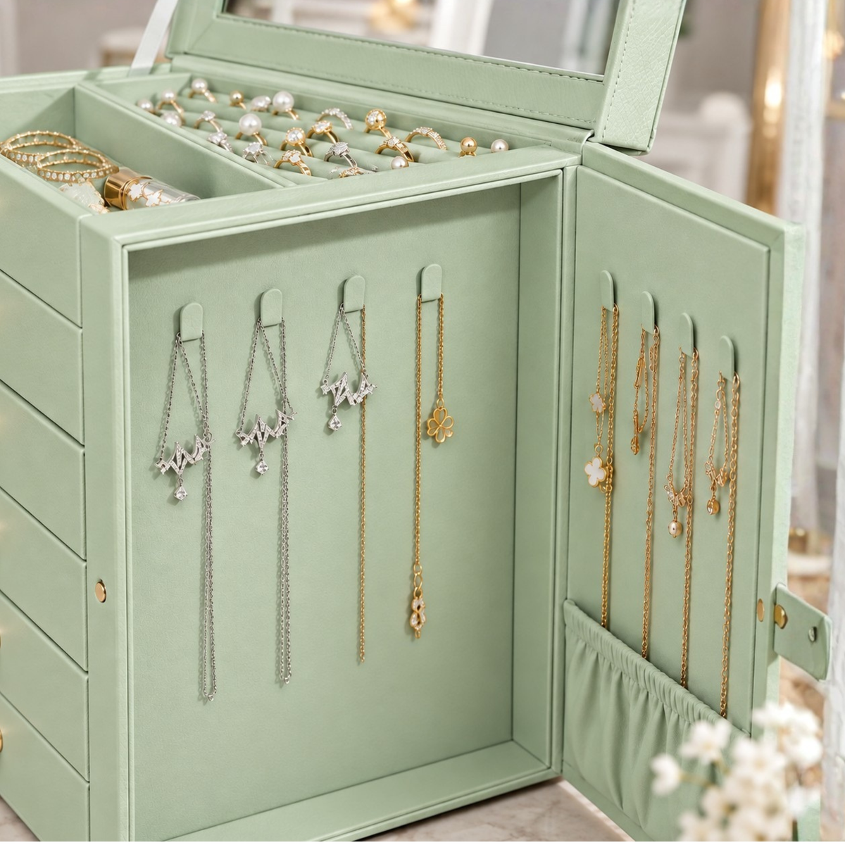 Jewelry Box for Women Large 6 Layer with Mirror and Necklace Organizer